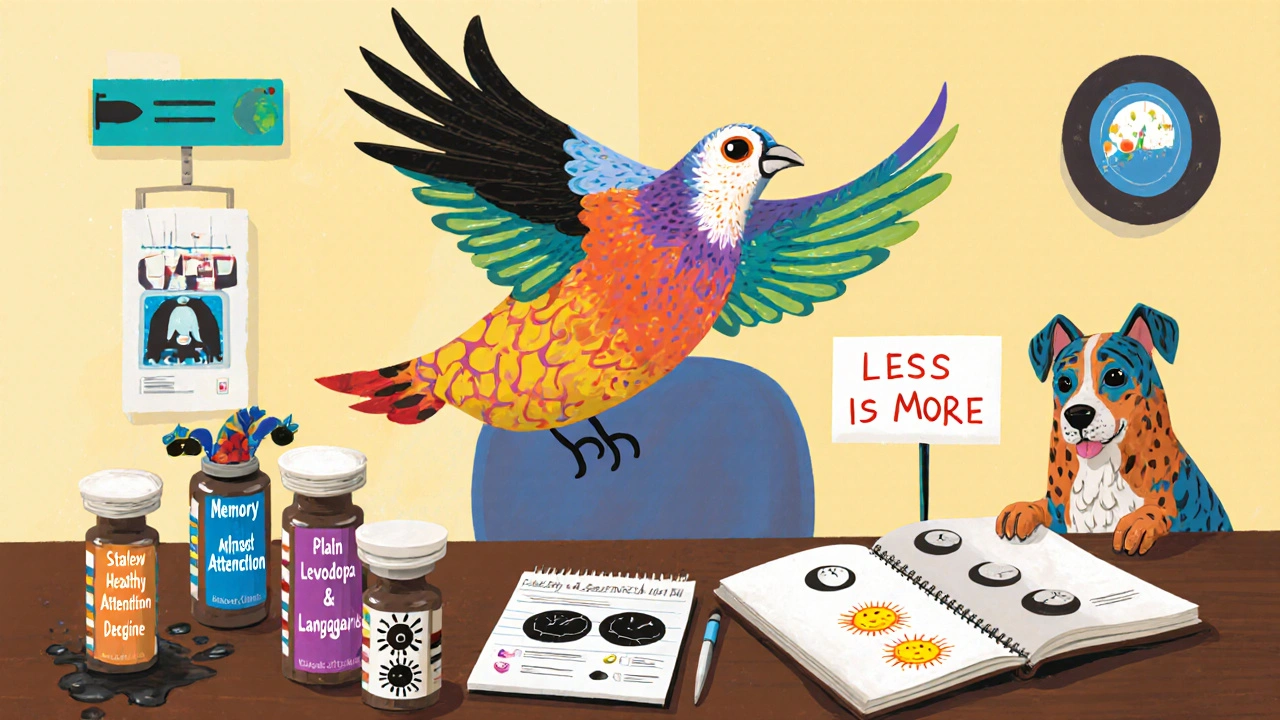 A whimsical MoCA bird test measures cognition, half-fluttering, half-sinking into ink, with three pill bottles and a journal showing daily sun and moon phases.
