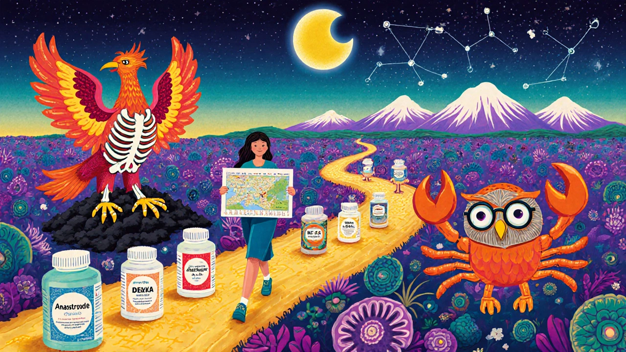 A woman walks a path of pill bottles with fantastical creatures representing side effects and monitoring.