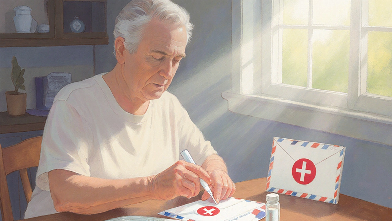 Adult performing a home INR finger‑prick test with a sampling kit beside a window.