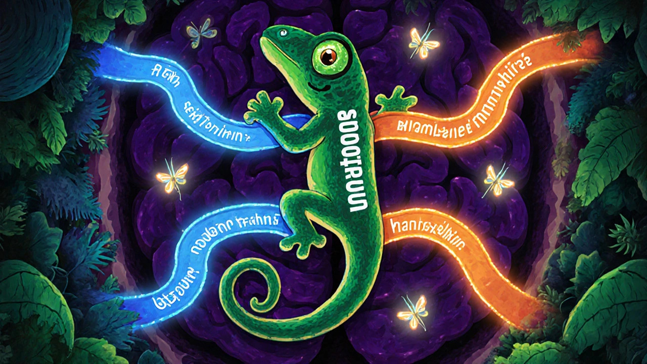 Alebrije creature bridging serotonin and norepinephrine pathways in a stylized brain jungle.
