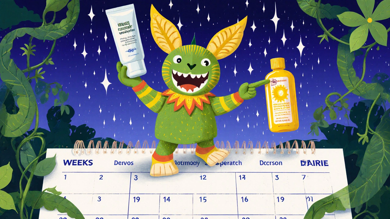 Alebrije guide displaying tazarotene, moisturizer, sunscreen and calendar.