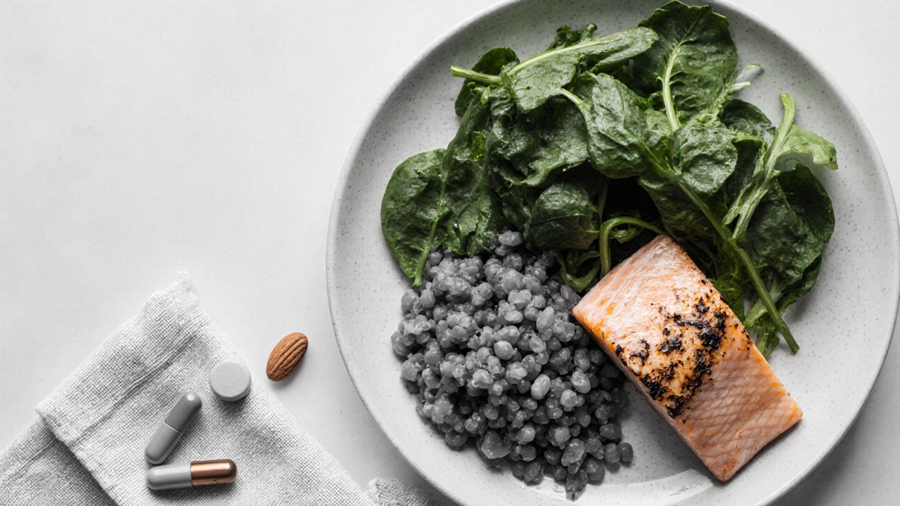 Balanced plate with greens, lentils, salmon, almonds and supplement capsules.