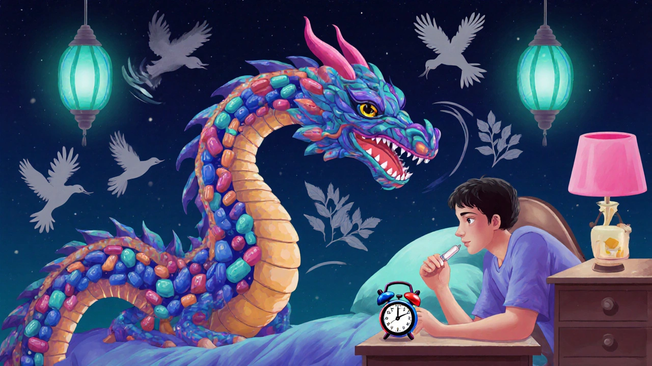 Bedroom scene with a tablet‑shaped alebrije dragon representing zidovudine side‑effects and a patient using a two‑compartment pillbox.