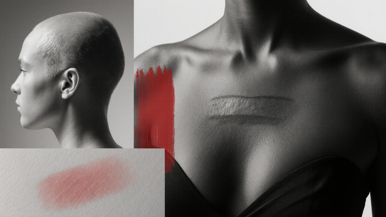 Collage of mastectomy scar, bald head, and reddened skin after treatment.