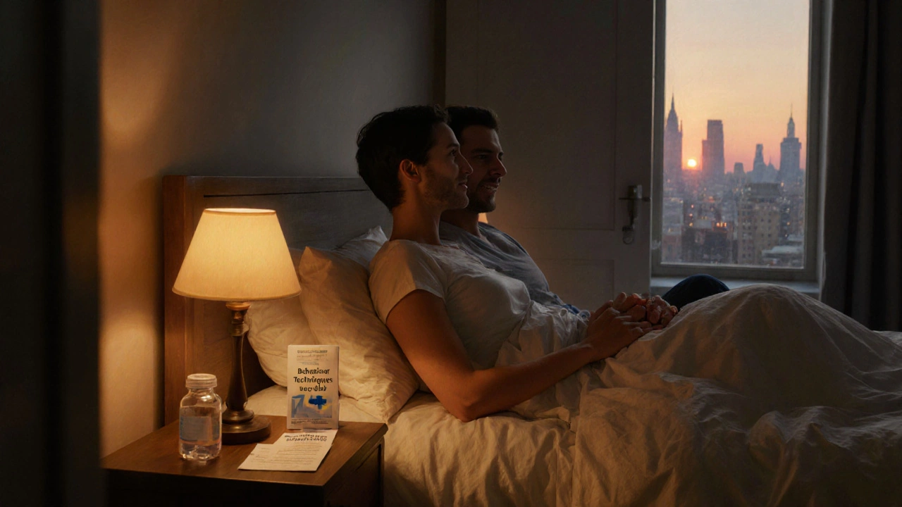 Couple smiling in bedroom with tadalafil bottle and therapy pamphlet, sunrise outside.