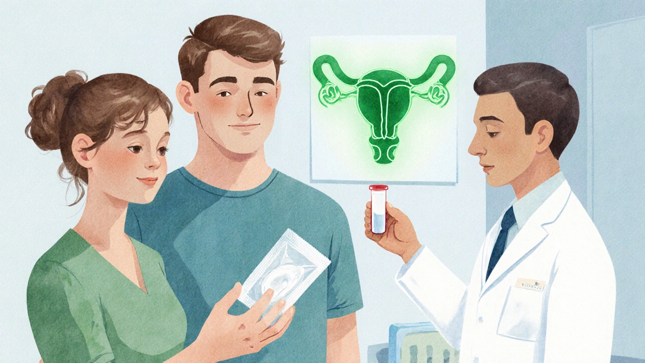 Couple with condom and doctor, symbolising STI testing and prostate protection.