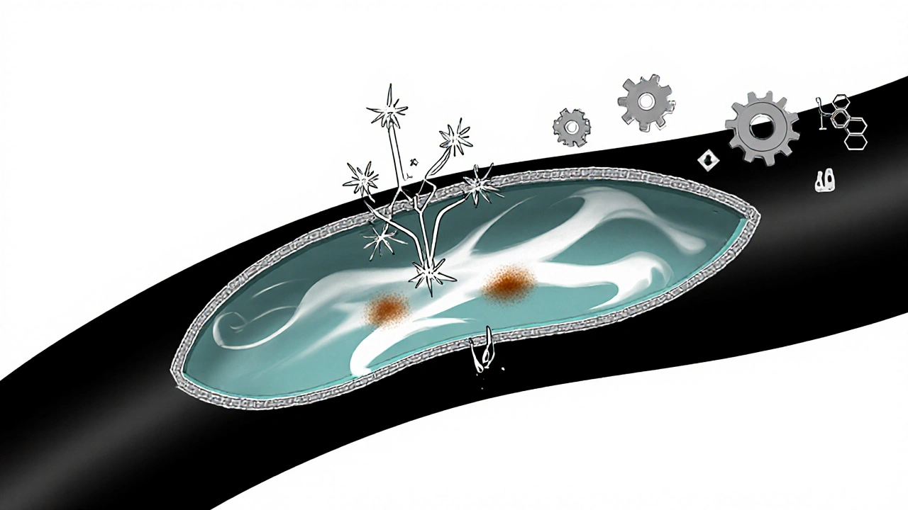 Cross‑section of an artery showing iron stress, nitric‑oxide flow, and zinc enzymes.