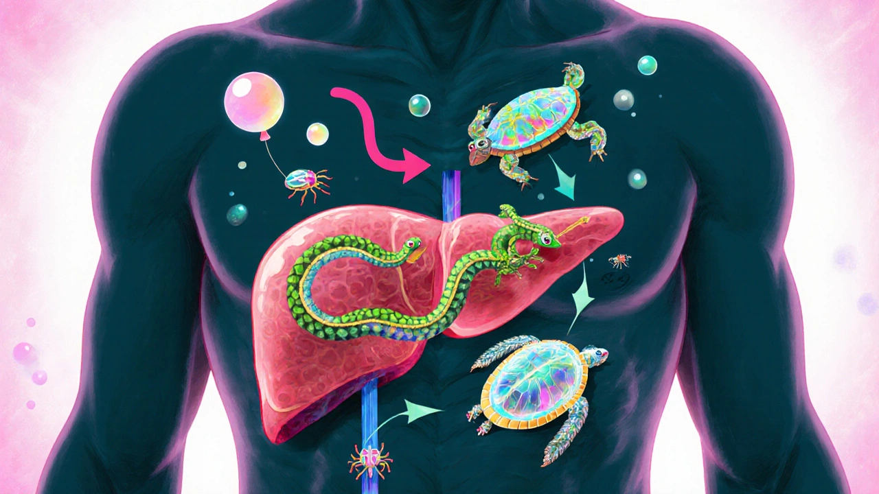 Cross‑section of an older man&#039;s torso showing alebrije liver, kidneys, and drug pathways.