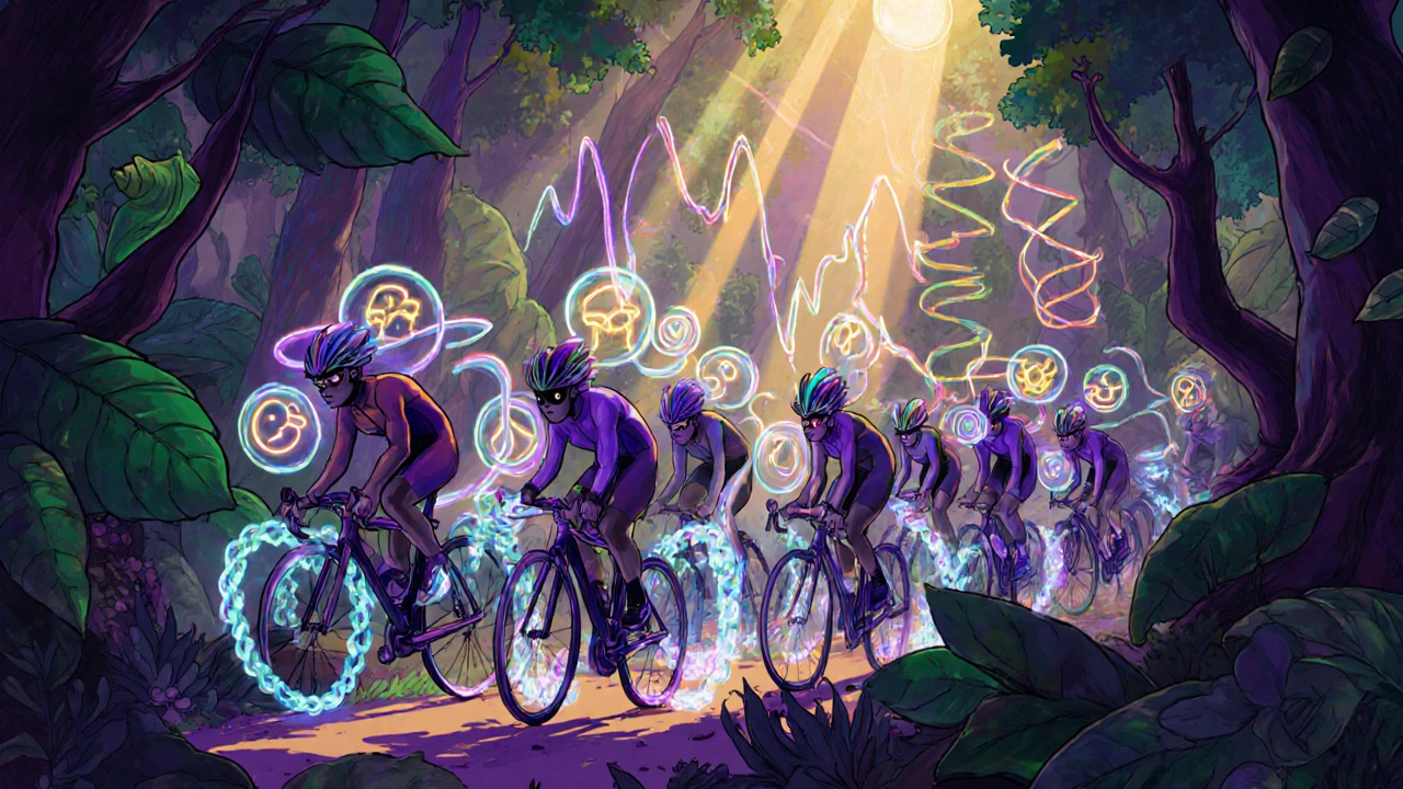Cyclists racing through fantasy forest with floating performance ribbons.