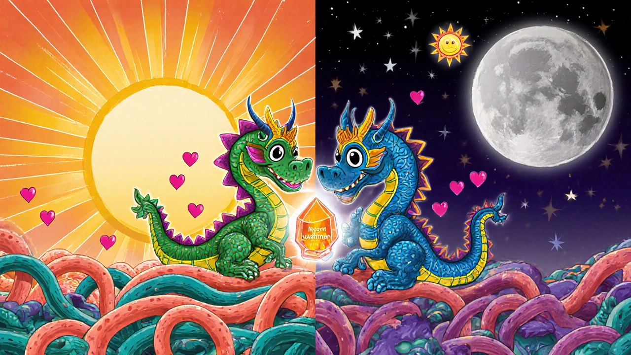 Day and night split view of blood vessels with a dragon-like Losartan figure affecting pressure.