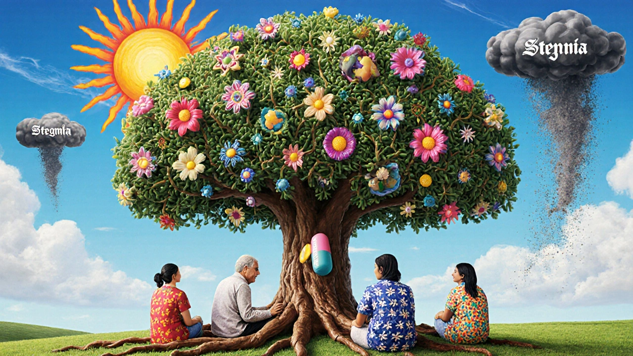 Diverse people sit under a brain-shaped tree with neural flowers, while stigma fades into dust.