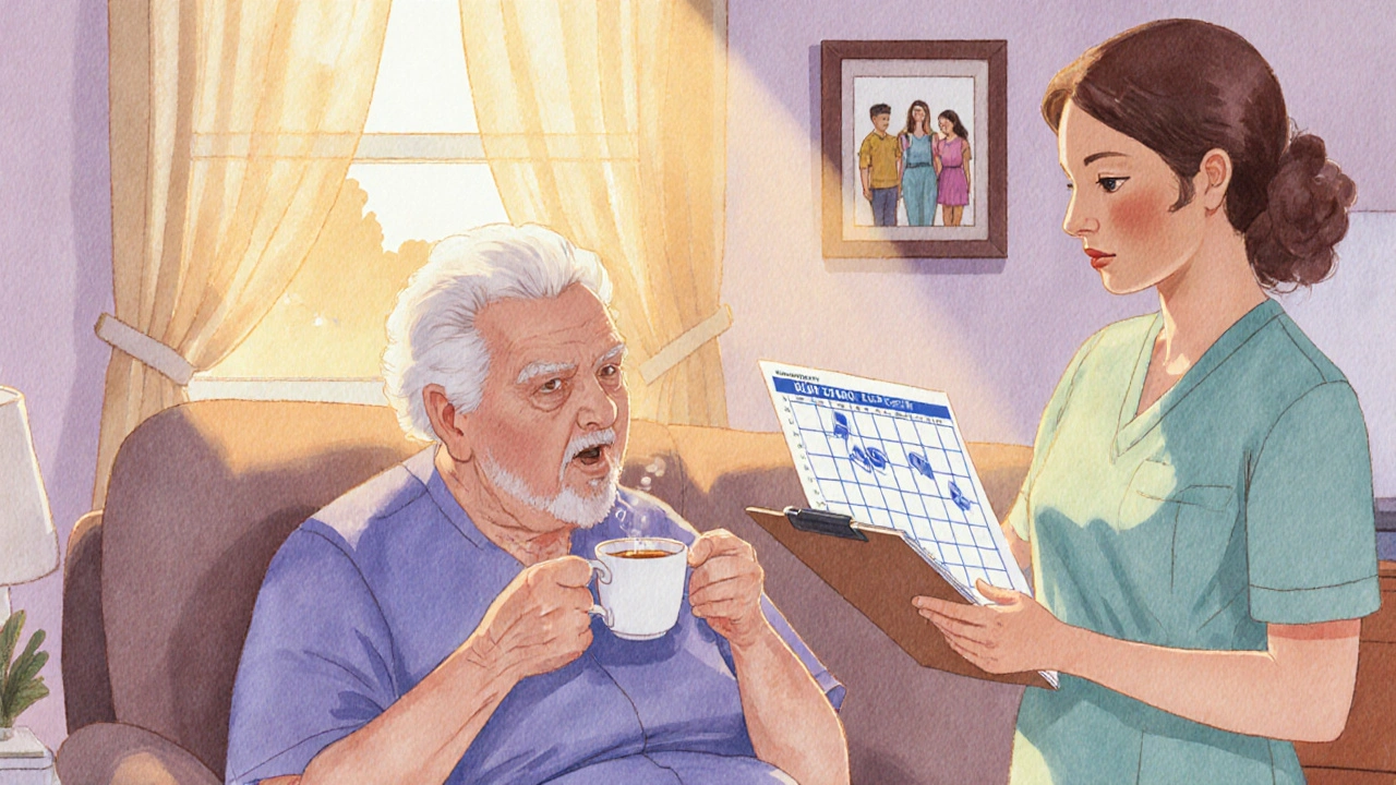Elderly patient taking Leukeran tablet at home while nurse checks labs.