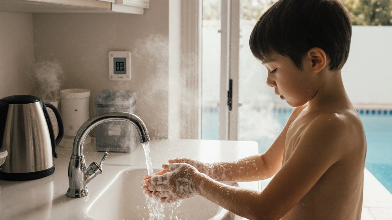 Family hand‑washing, boiling water, and checking pool chlorine indoors.