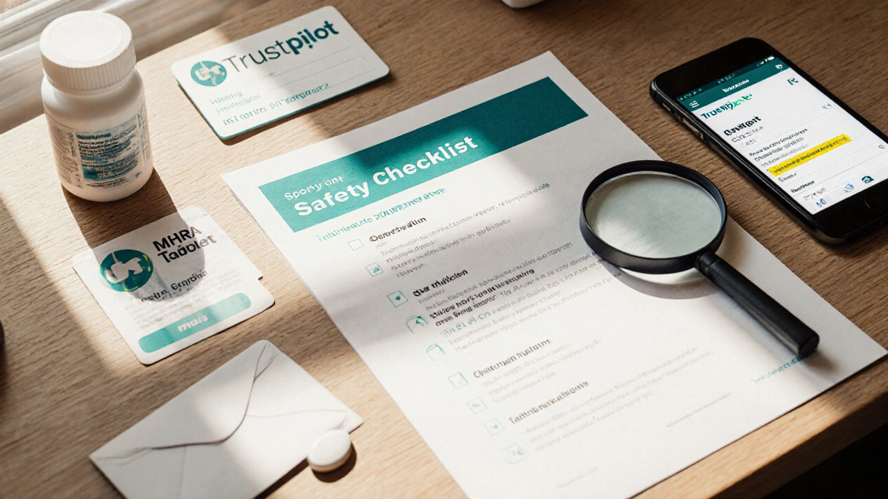 Flat‑lay of safety checklist items including tablet bottle, MHRA card, magnifying glass and phone.
