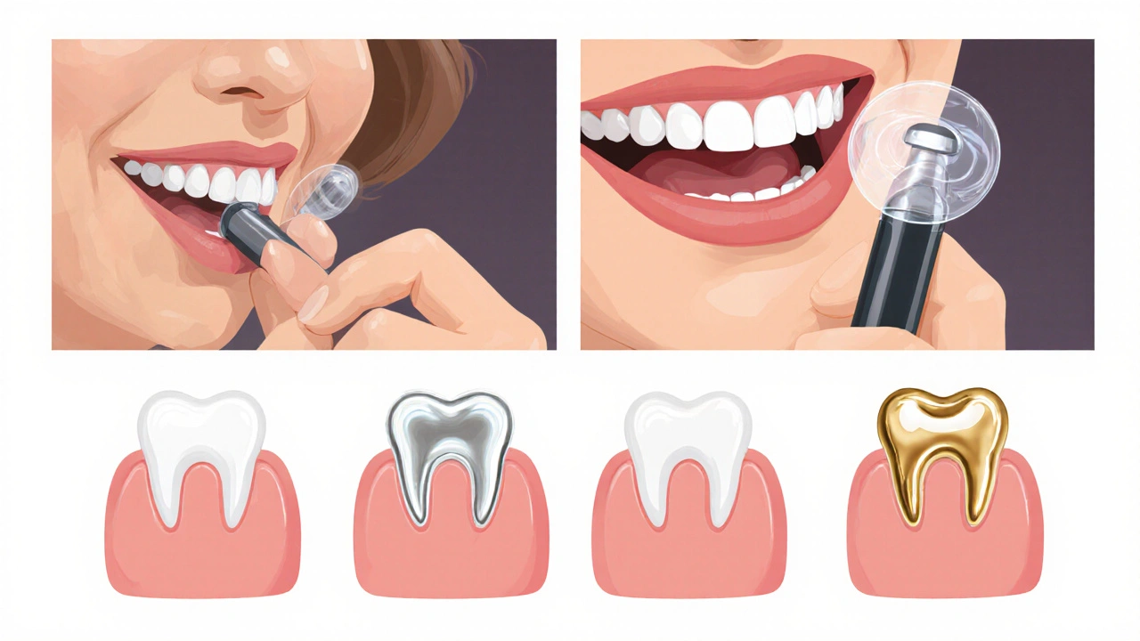 Illustrated sequence of crown preparation steps with three crown material types displayed.
