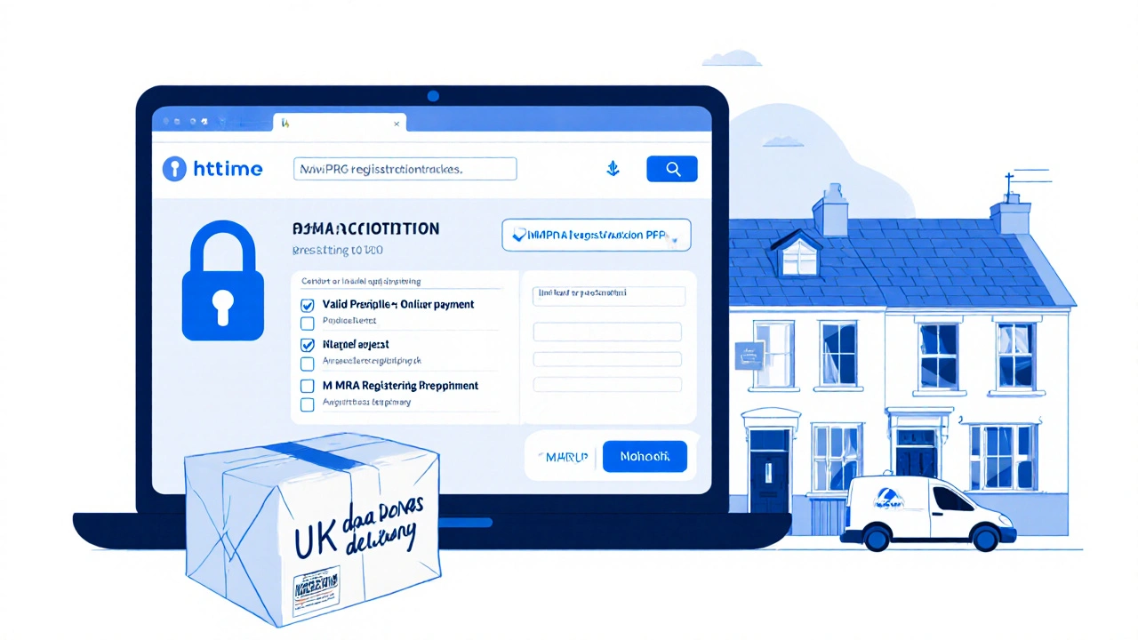 Illustration of a laptop displaying a secure pharmacy site and a parcel ready for UK delivery.