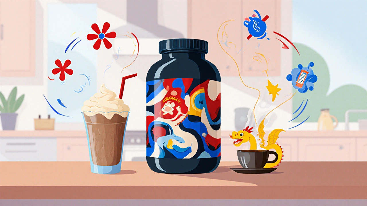 Kitchen scene with supplement bottle, shake, coffee, and swirling icons.