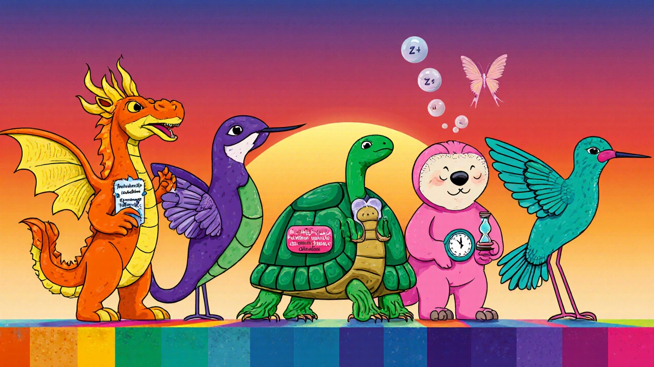 Lineup of six colorful Alebrije creatures representing Meclizine alternatives with icons.