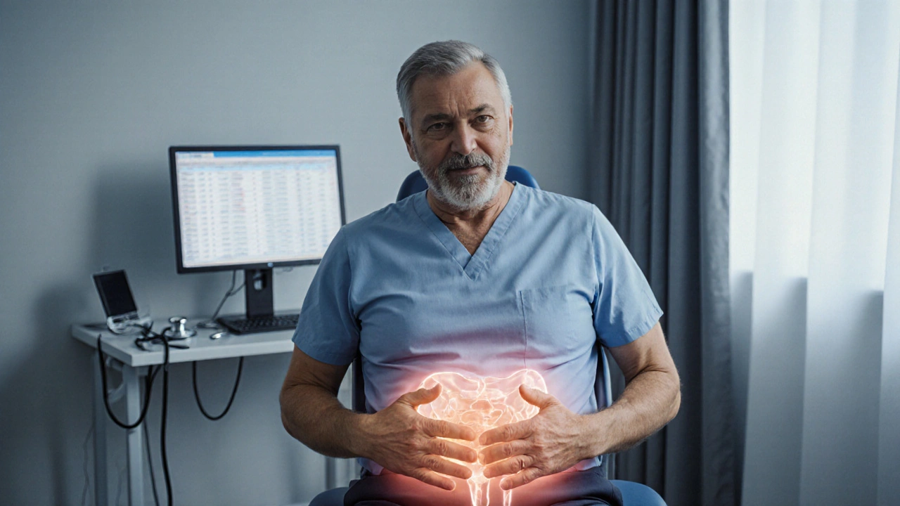 Man in clinic clutching lower abdomen, appearing in pain from prostatitis.