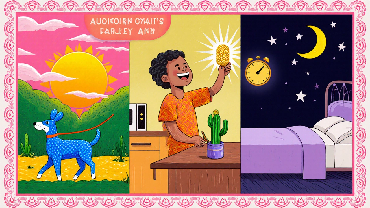 Morning routine with a person taking a golden pill, walking dog, and sleeping peacefully at night.