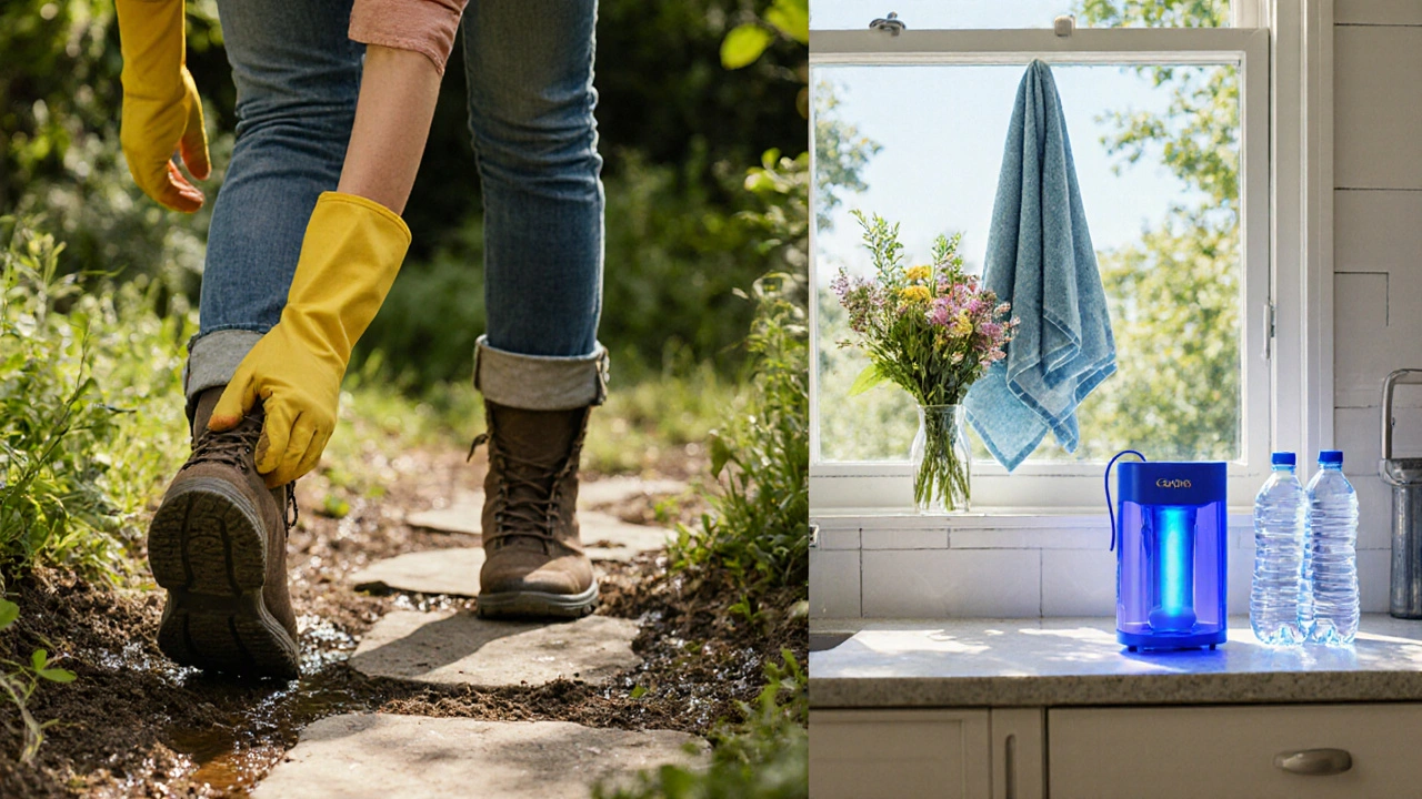 Parent in garden shoes with UV purifier and clean water bottles outdoors.