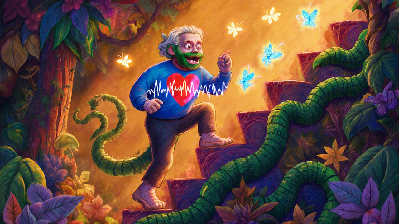 Patient climbing vine stairs while heart glows calmer as ivabradine fireflies flutter.