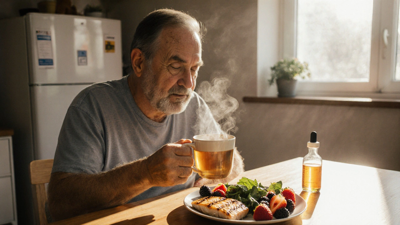 Patient drinking tea and eating nutritious foods in a sunny kitchen, reflecting recovery.