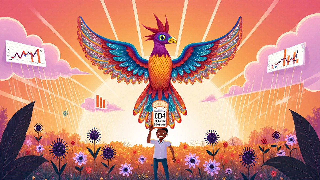 Patient with a phoenix‑like alebrije soaring over a garden of transformed viruses, symbolizing viral suppression and health recovery.