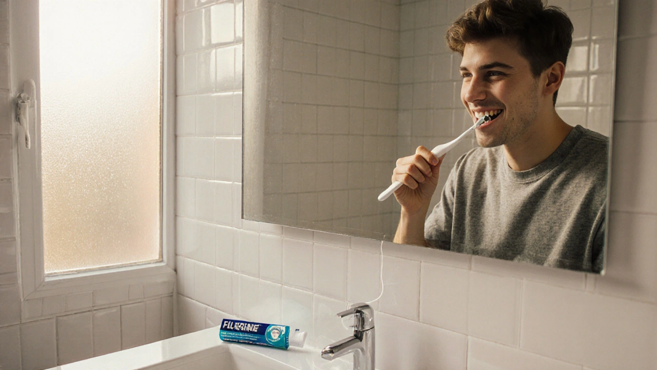 Person brushing teeth in bright bathroom, showing a healthy crown on a front tooth.
