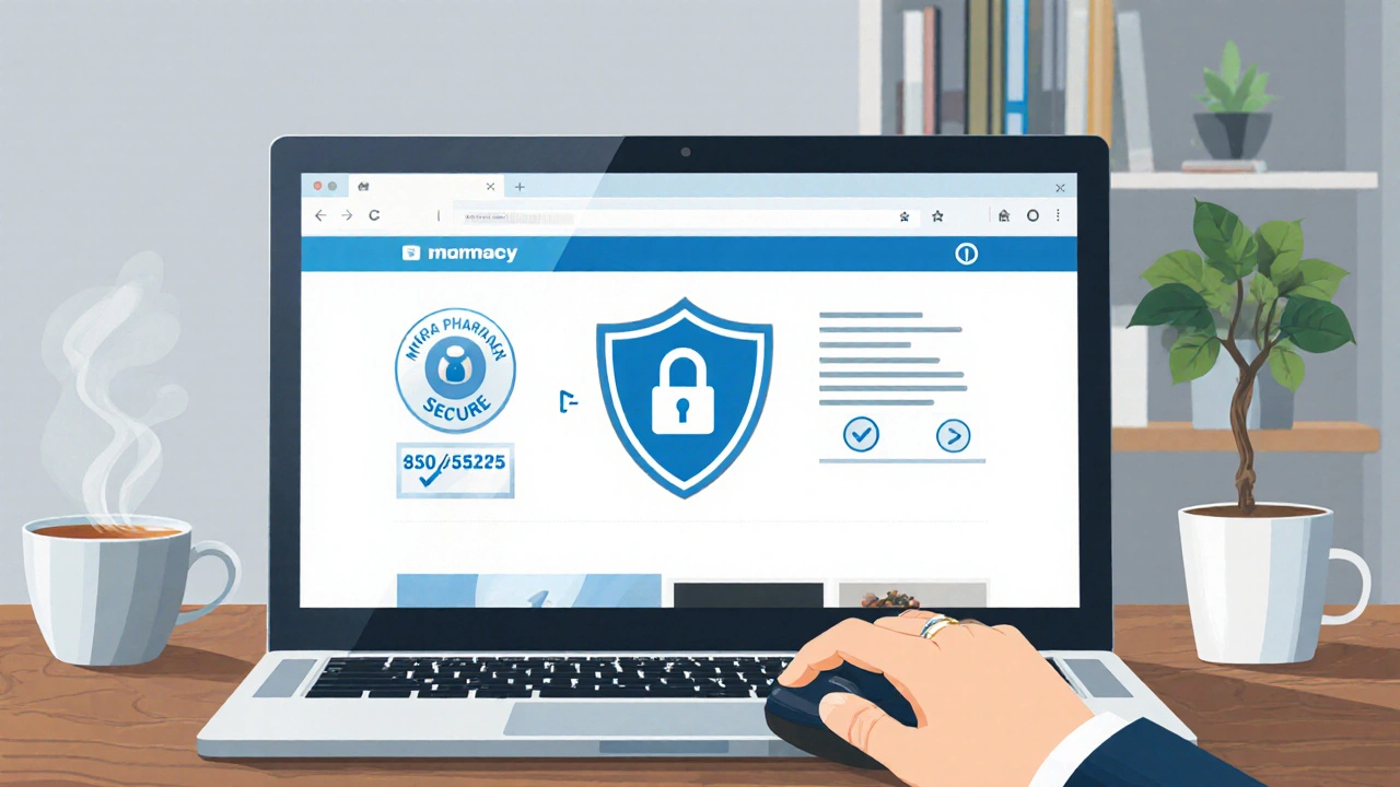 Person reviewing a secure online pharmacy website on a laptop with padlock and badge icons.