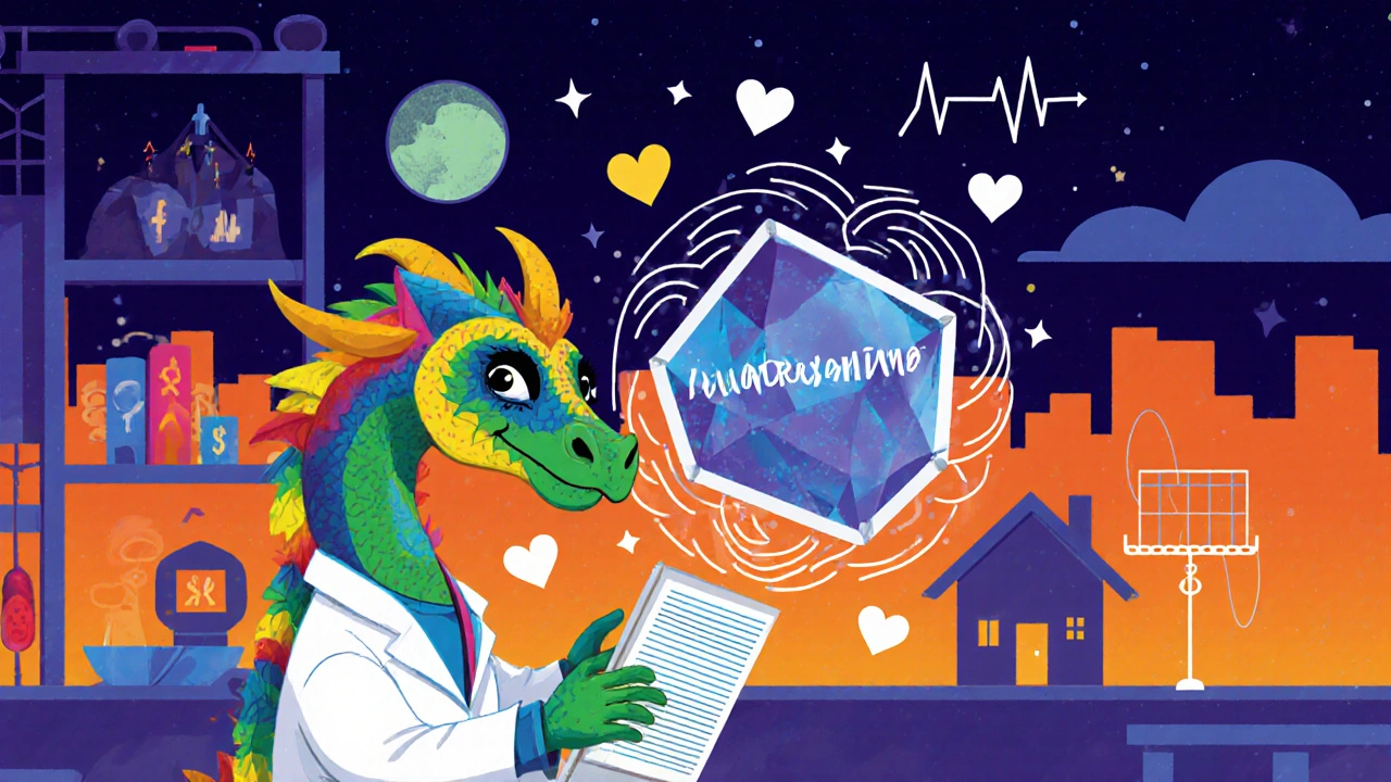 Scientist dragon studying floating ivabradine crystal amid heart data symbols.