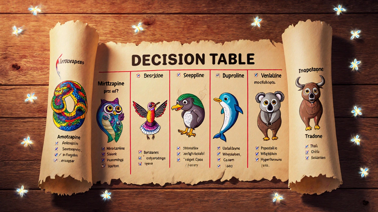 Scroll with alebrije mascots for each antidepressant, surrounded by firefly check marks showing pros and cons.