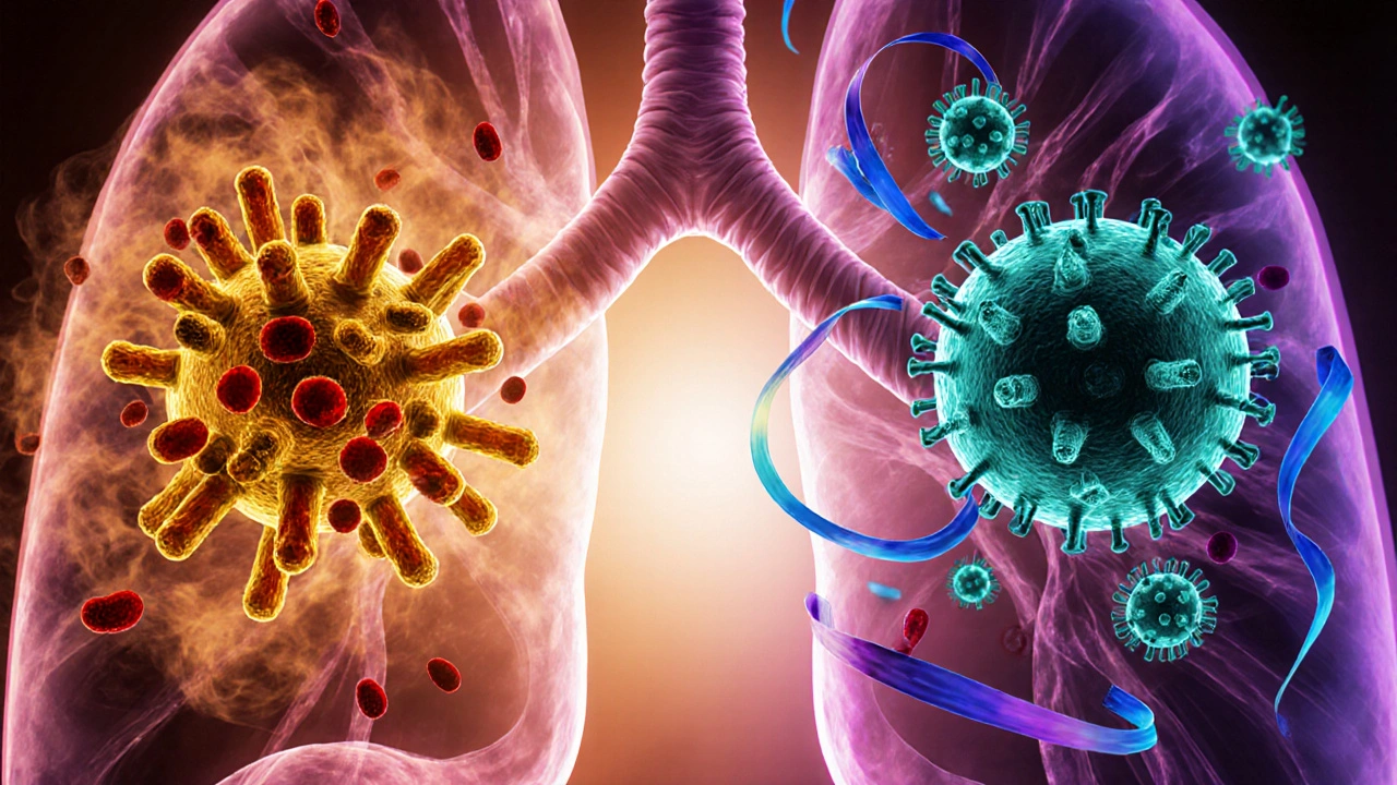 Side‑by‑side lung scene showing bacterial infection with neutrophils and viral infection with lymphocytes.