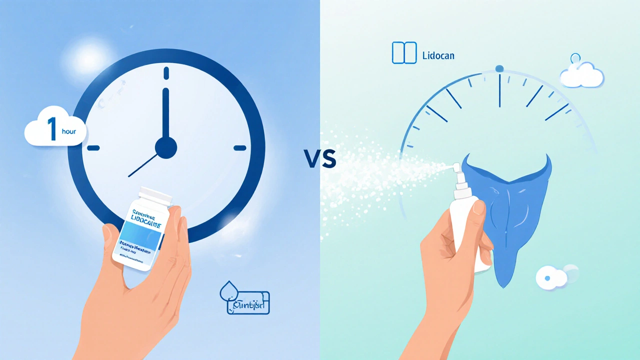 Split illustration comparing dapoxetine tablet timing with lidocaine spray application.