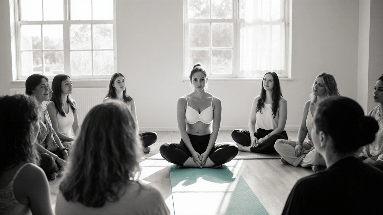 Support group with women, one doing yoga, highlighting confidence.