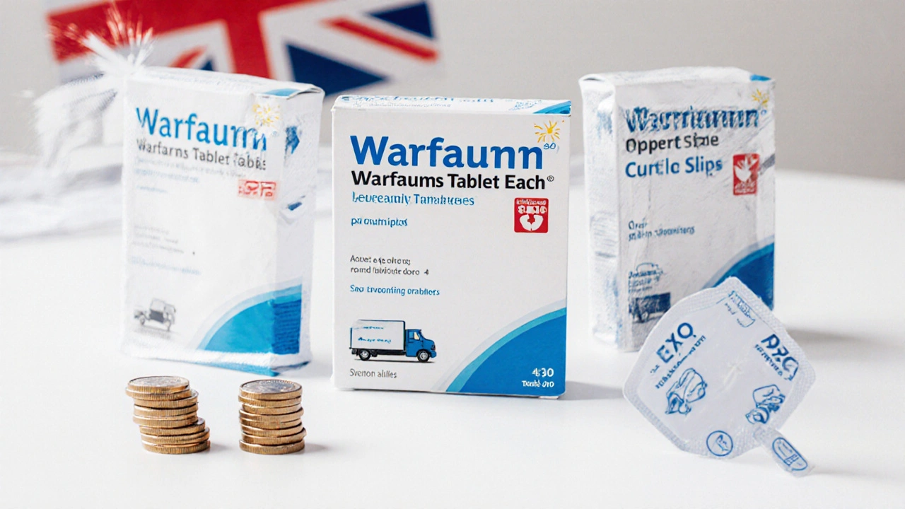Three warfarin blister packs shown with price, delivery, and discount icons in a clean layout.
