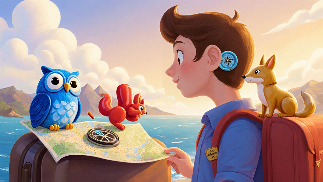 Traveler with suitcase choosing between Alebrije pill, squirrel, and ear‑patch companions.