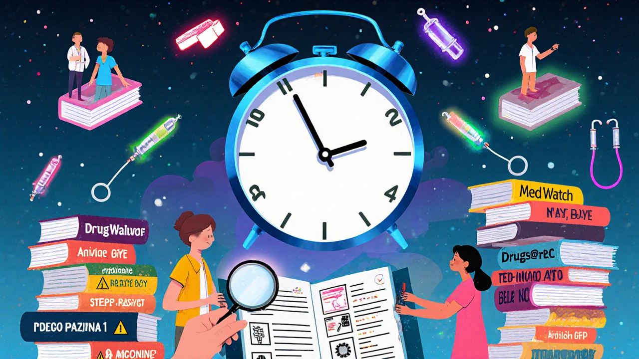 A clock with syringe hands above floating medical databases, a patient examining a changing warning label under glowing safety boxes.