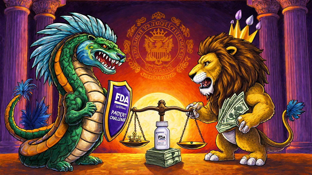 A feathered serpent battles a lion in a courtroom, with a crowned generic drug beside a scale marked 180-day exclusivity.