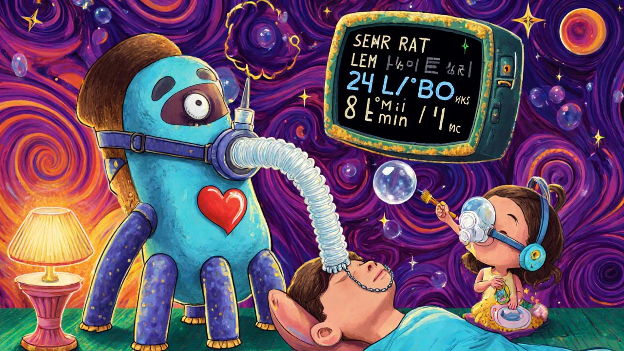 A friendly CPAP spirit adjusts headgear straps while cleaning a mask, with leak rates dropping in glowing numbers.