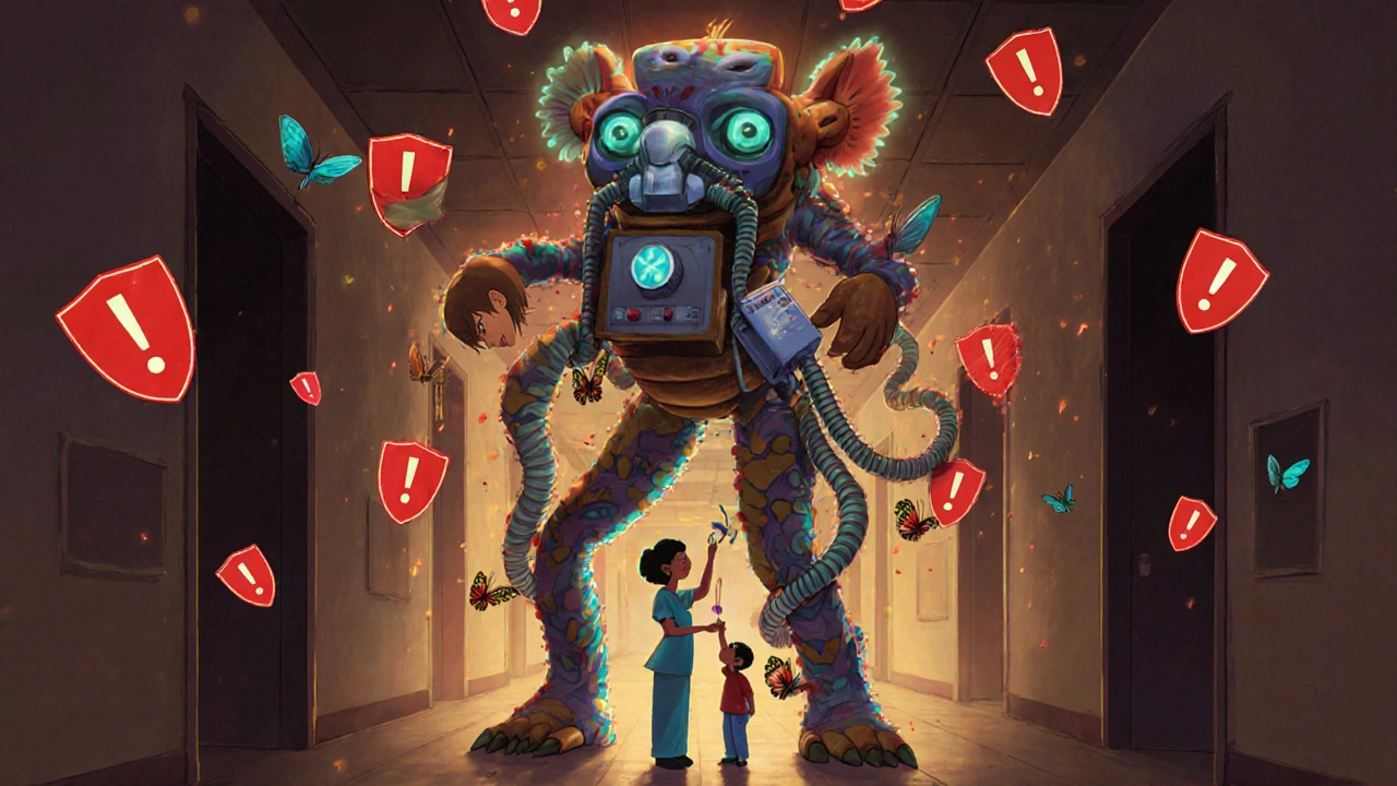 A giant medical device alebrije in a hospital hallway, with a nurse and child touching its glowing form, warning symbols turning to butterflies.