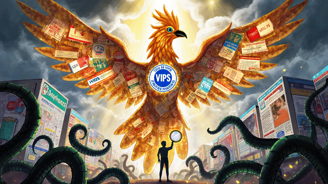 A glowing phoenix made of prescription labels soaring over shady online pharmacies, with a figure holding a magnifying glass revealing the true VIPPS seal.