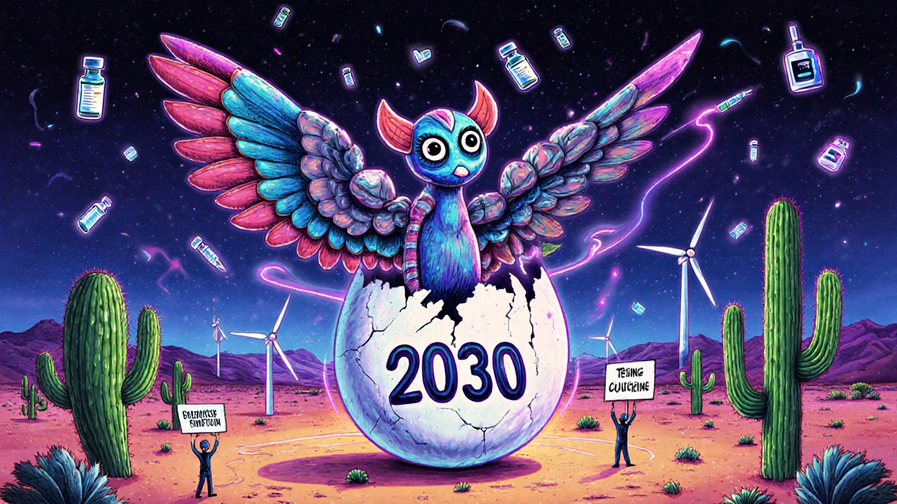 A hybrid insulin creature emerging from a 2030 egg, half-adjustable feathers, half-fixed vials, surrounded by AI and glucose trails in vibrant folk art.