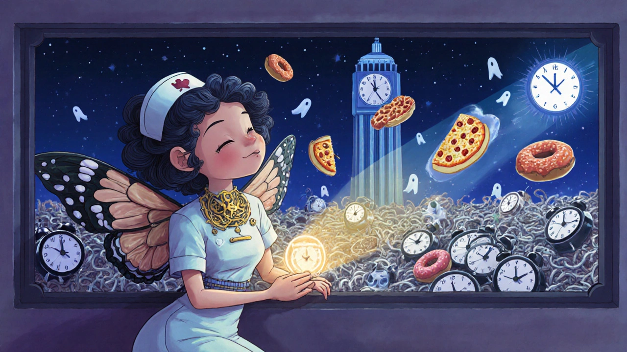 A night shift nurse asleep as a clockwork creature, with floating midnight snacks pushed away by a sunbeam window.