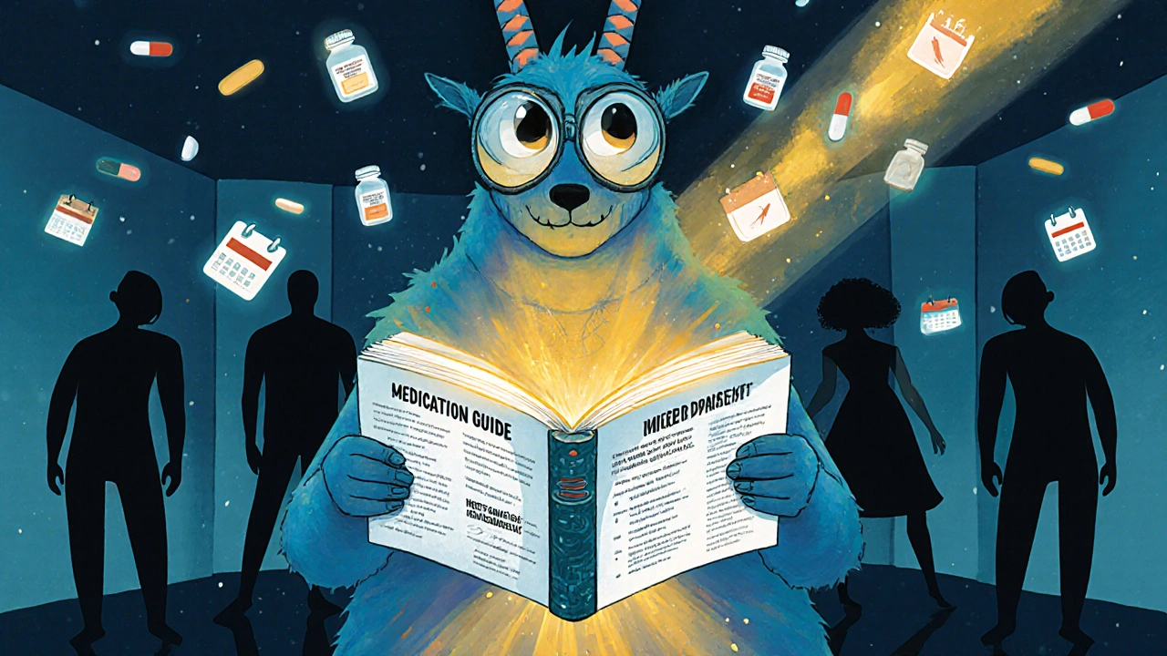 A patient holding a magical medication guide that becomes a protective spirit animal, with fading warnings in the background.