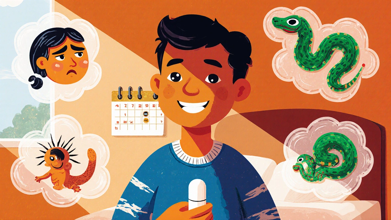 A patient holding a pill with whimsical side effect creatures floating around in vibrant Mexican folk art style.