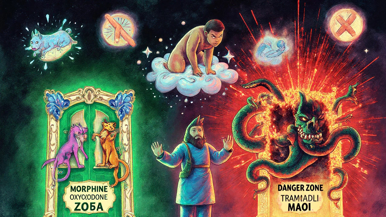 A pharmacist between safe and dangerous medication doors, with a patient showing serotonin syndrome symptoms.