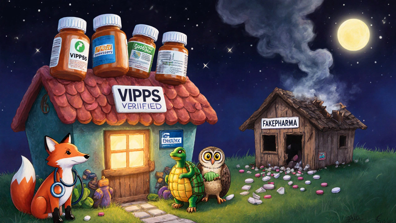 A safe pharmacy cottage with VIPPS-labeled bottles and friendly animal spirits, while a crumbling fake pharmacy shack collapses in the background.