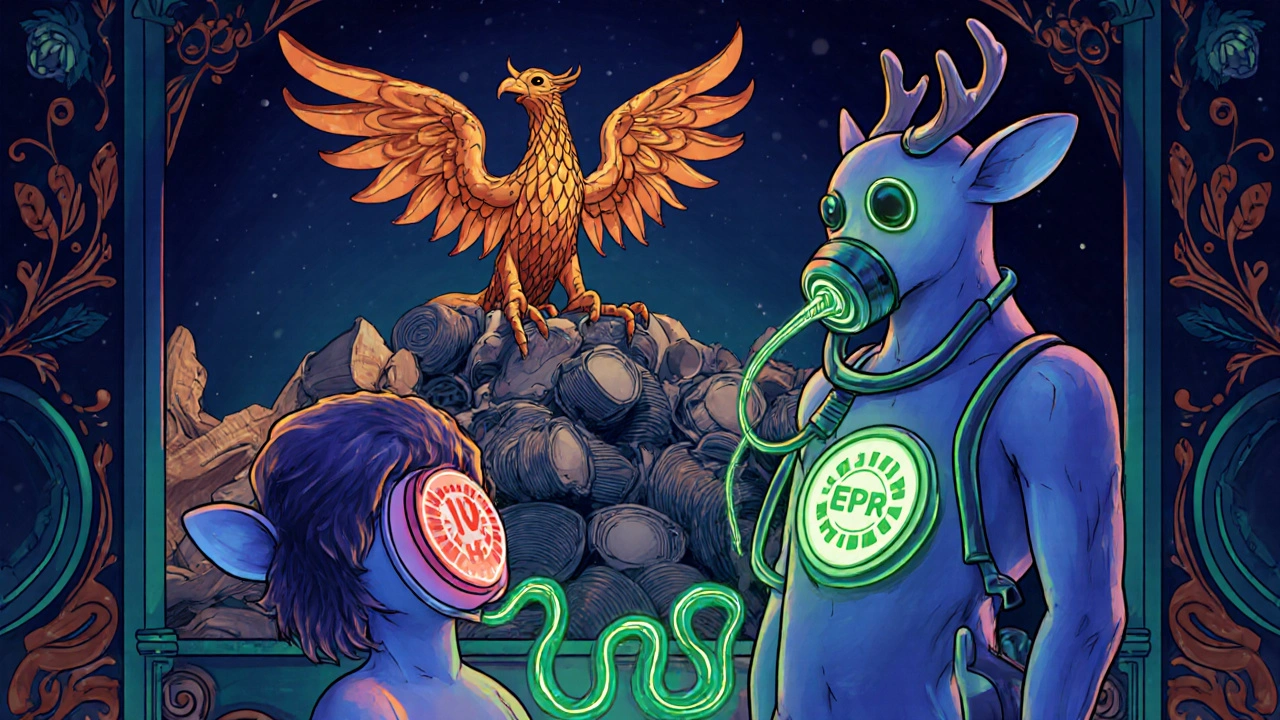 A sleep doctor consults a patient with pressure dials on chest, as a phoenix of mask cushions rises in vibrant alebrije art.