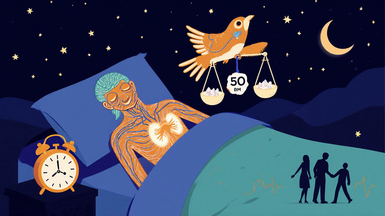 A sleeping person with glowing organs, watched over by a celestial alebrije spirit balancing potassium and sodium crystals.
